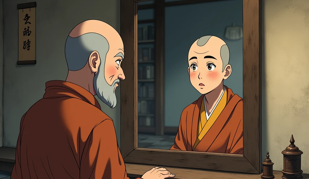 Young monk student looking at dirty mirror, old fat monk master with him, in a room, in anime style