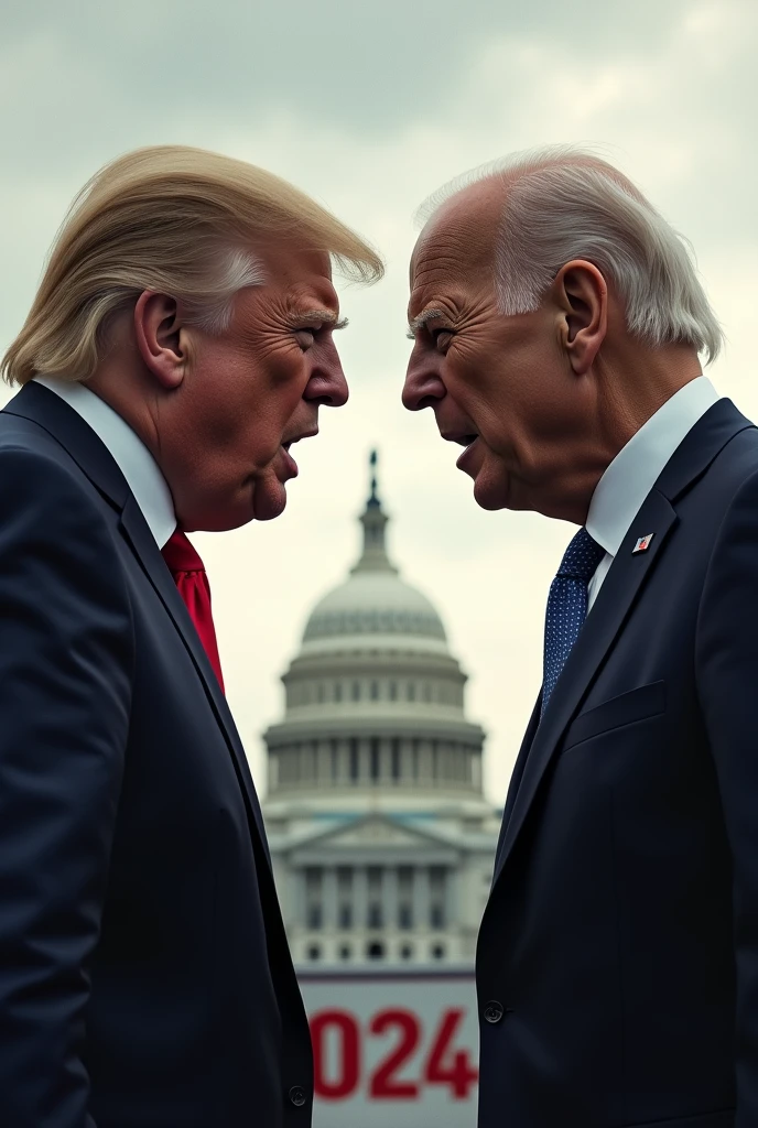 Trump is fighting with Biden. The Capitol Hill is in the background. There is a sign saying "2024". Photorealistic. Masterpiece.