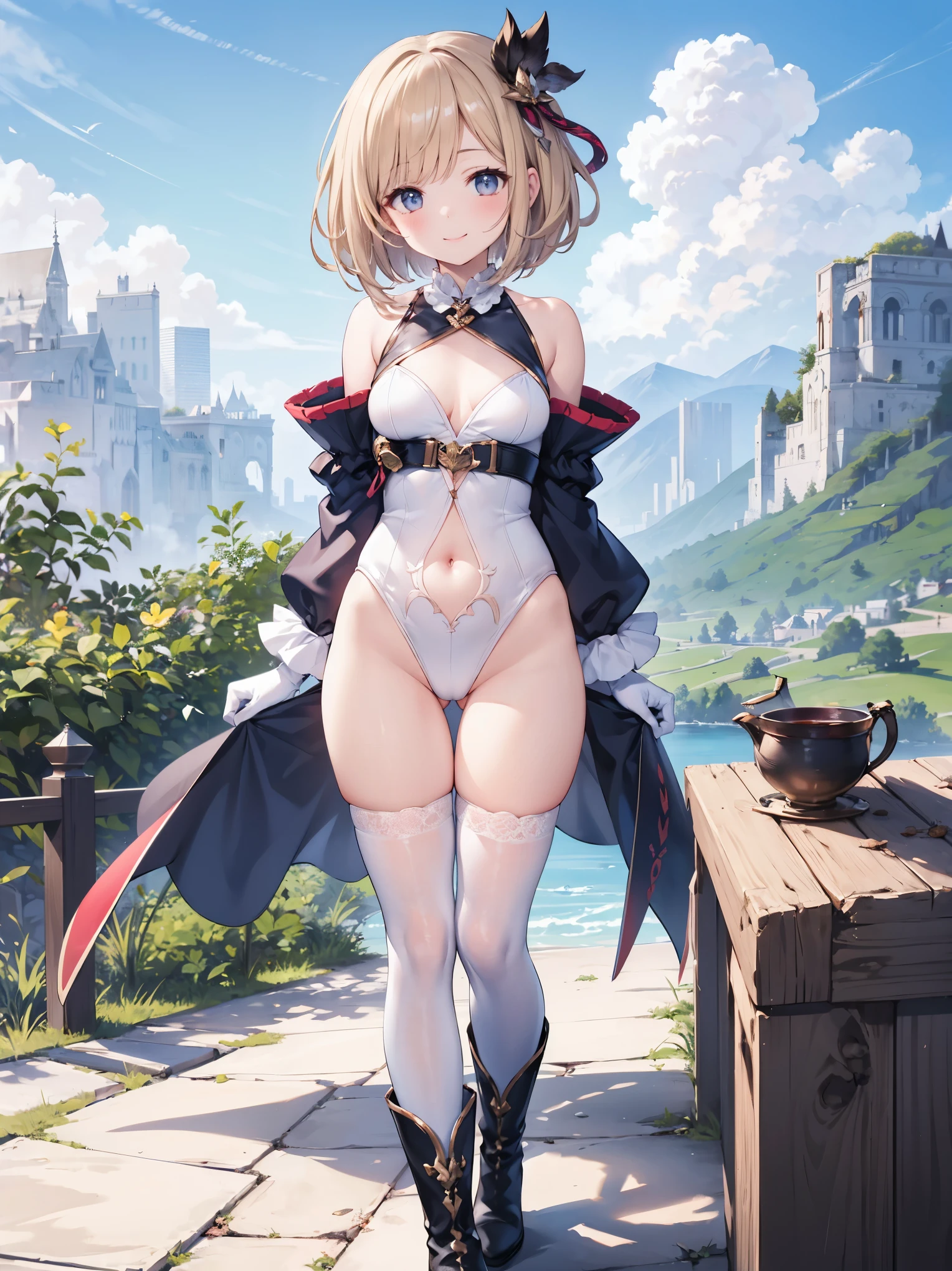 GRANBLUEfantasy,ung_teeirl,brown_hair,medium_bob_hair,platina_blond_hair,white_leotard,covered_crotch,thigh-highs,smile,standing,bluesky_landscape_background,slightly_spread_legs,happiness, short_gloves ,solo, navel,relicbuster,short,boots, blank_face,sitting,knees,blush,shy,piledriver,(crotch:1.3)