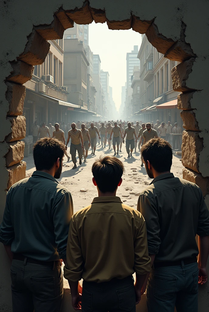 3 men watching a group of zombies, through a hole in a medium-sized street