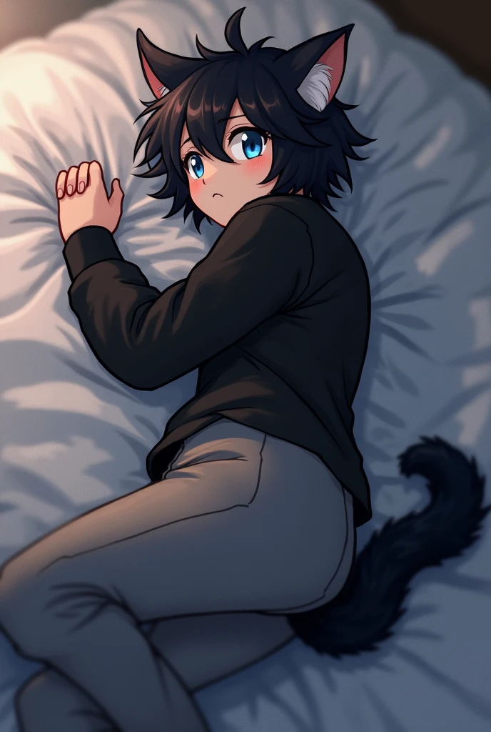 Fursona, Black and White Cat, Short, Average weight, baggy black shirt and grey pants, black hair, Male, Paws, Laying on stomach in Bed, blue eyes, blushing, Anthro, Furry Art, Horny, Butt,