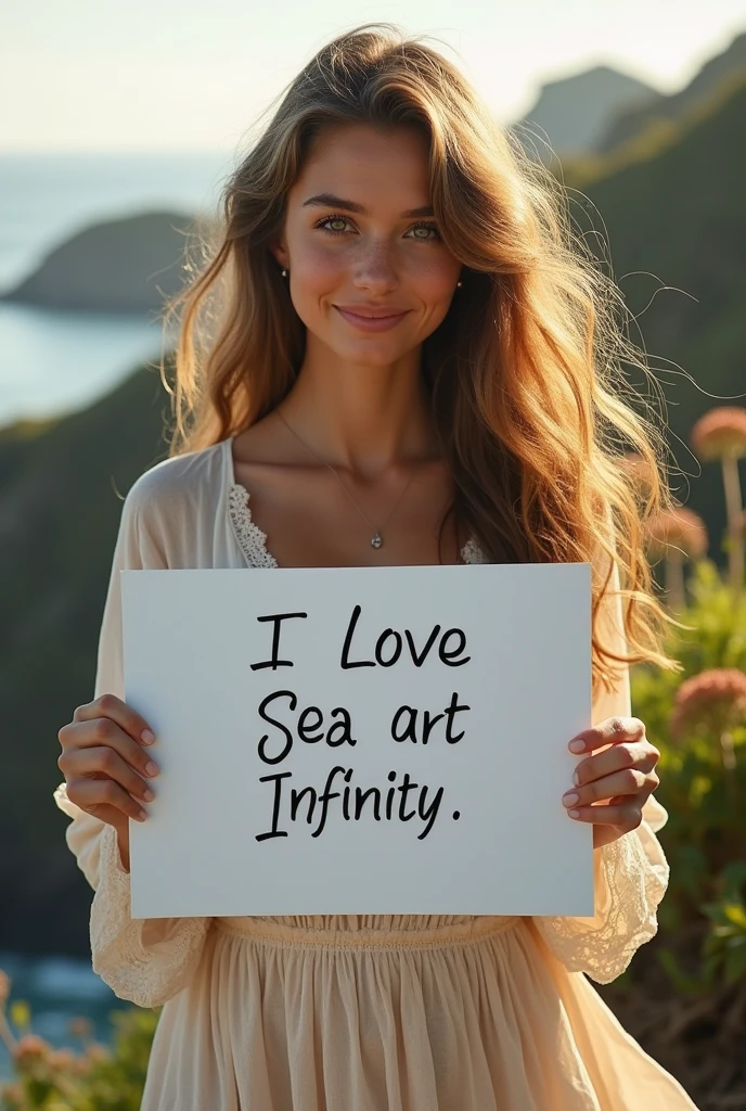 Beautiful girl with wavy long hair, bohemian dress, holding a white board with text "I Love Seaart Infinity" and showing it to the viewer