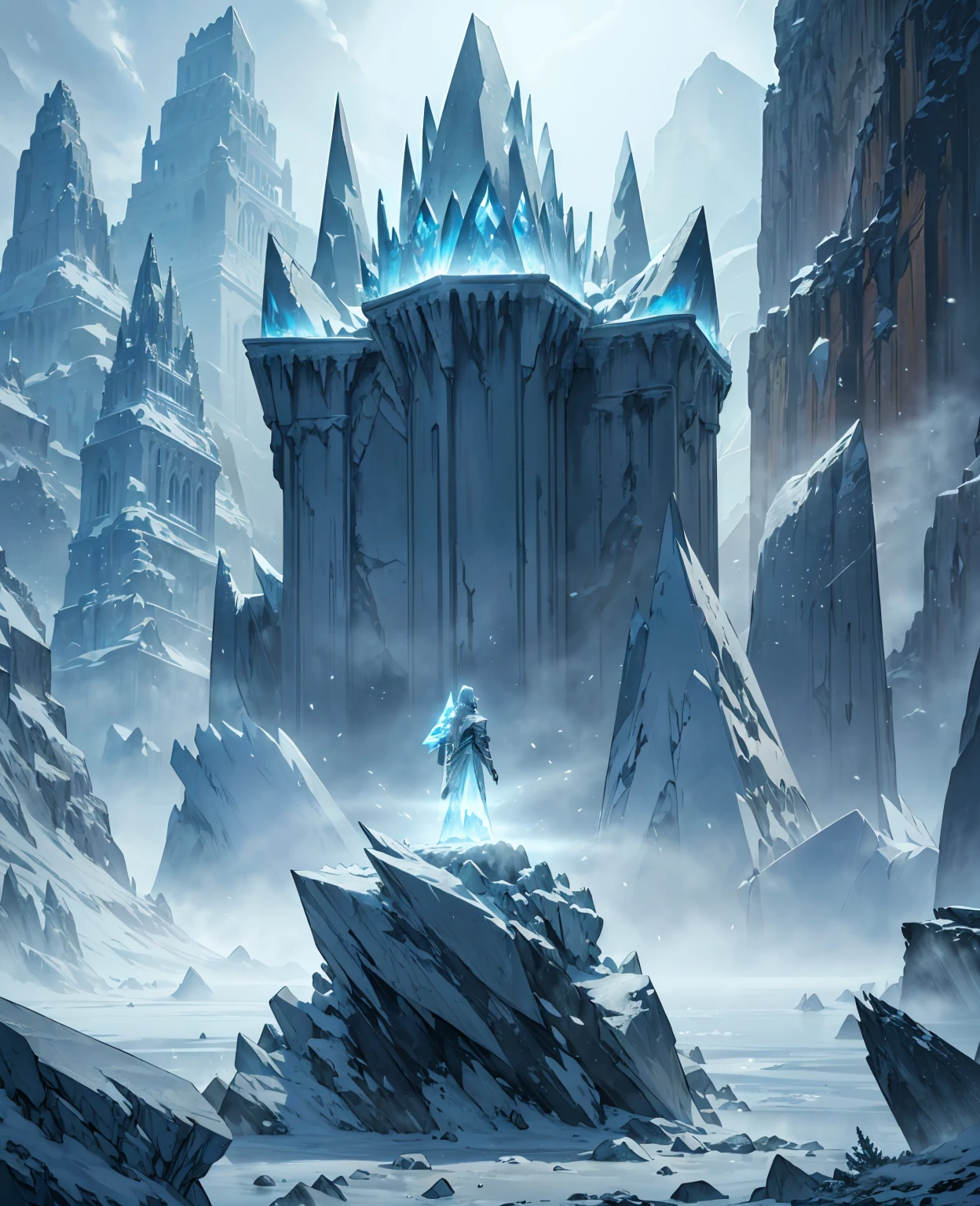 (ice shard, stone, crystal, frozen, translucent, jagged, sharp, cold, winter, fantasy landscape, dramatic lighting, cinematic, award winning, highly detailed, 8k, photorealistic, hyperrealistic, volumetric lighting, god rays, epic scale, moody, atmospheric, mysterious, ethereal)