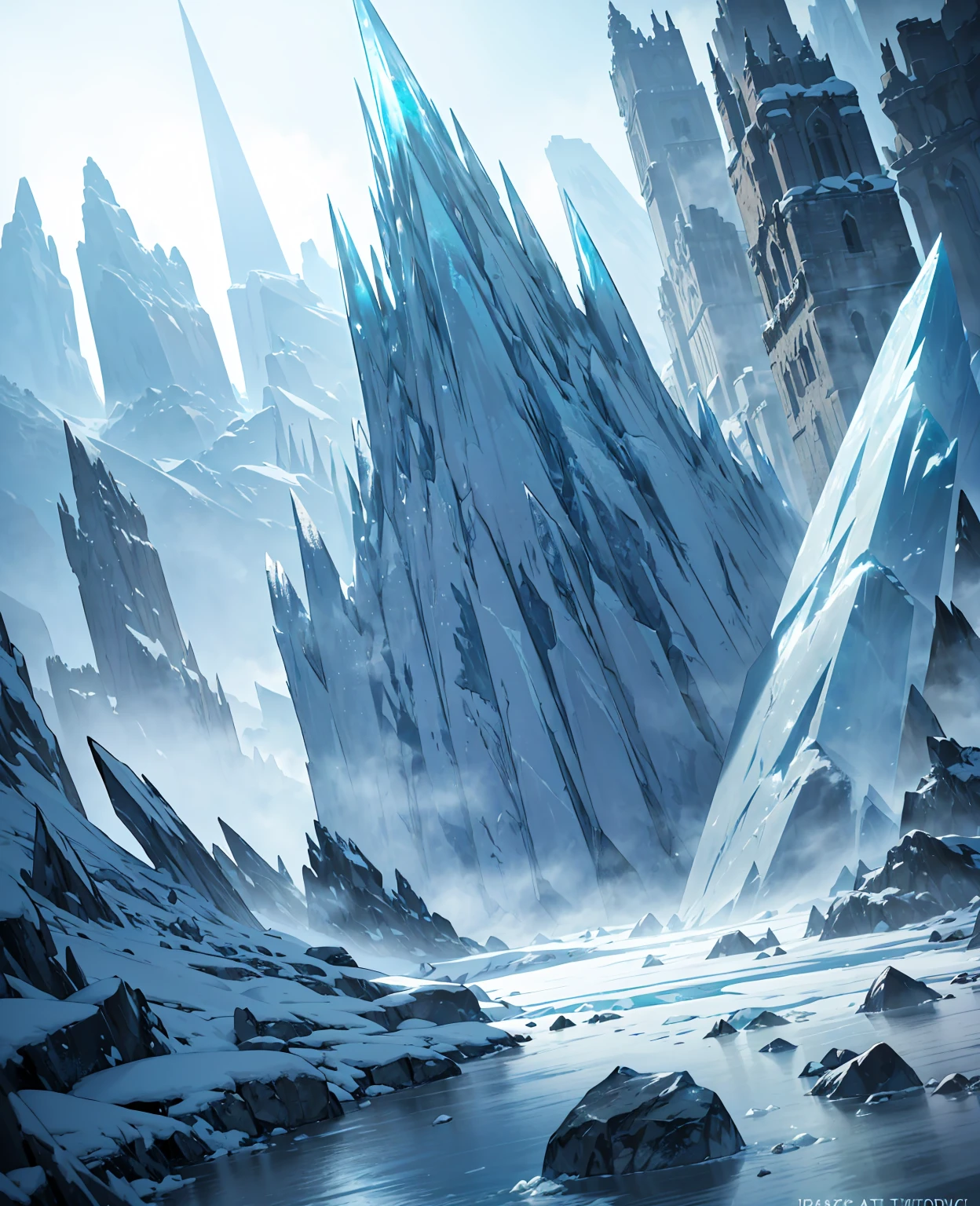 (ice shard, stone, crystal, frozen, translucent, jagged, sharp, cold, winter, fantasy landscape, dramatic lighting, cinematic, award winning, highly detailed, 8k, photorealistic, hyperrealistic, volumetric lighting, god rays, epic scale, moody, atmospheric, mysterious, ethereal)