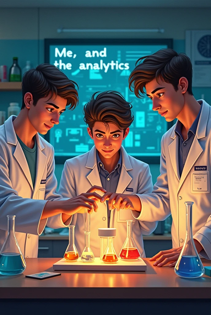 creates an image of 3 young men named Luis, Mauro and Juanjo doing a potentiometric titration in the laboratory, Behind them there is a sign that has Spanish written on it "Me and the analytics"