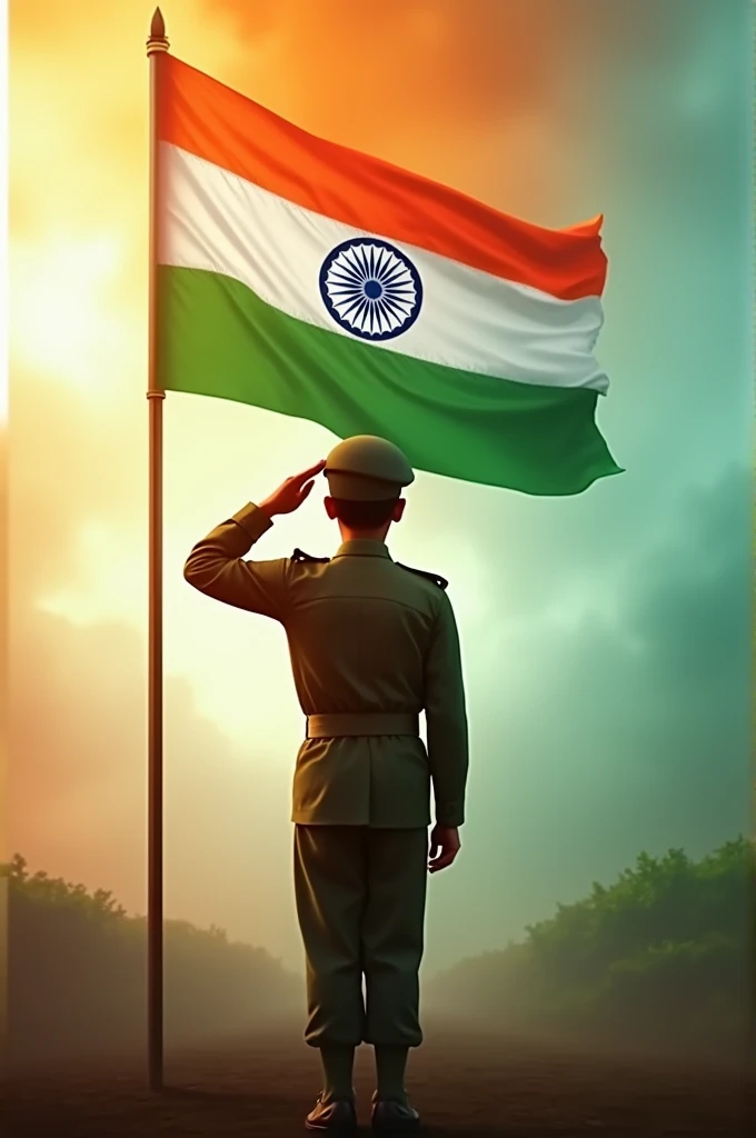 A 8k 4:16 images where is in background india flag colour and written 76th independence day and in fornt a young soldier solutes that flag the picture 