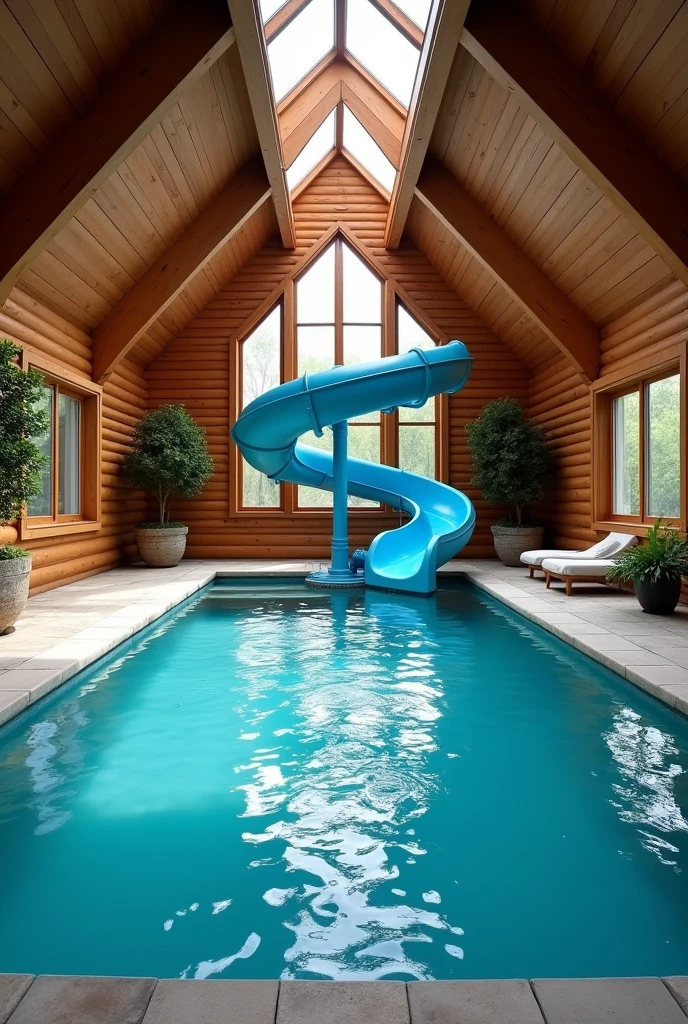 The image shows an indoor swimming pool in a luxurious log cabin. The pool is large and rectangular in shape, with a blue water slide in the center. The water is crystal clear and appears to be well-maintained. The cabin has a high ceiling with wooden beams and a skylight above it, allowing natural light to enter the space. On the right side of the pool, there are large windows that let in plenty of natural light. The floor is made of stone, and there are several potted plants scattered around the pool. The overall atmosphere of the cabin is warm and inviting.