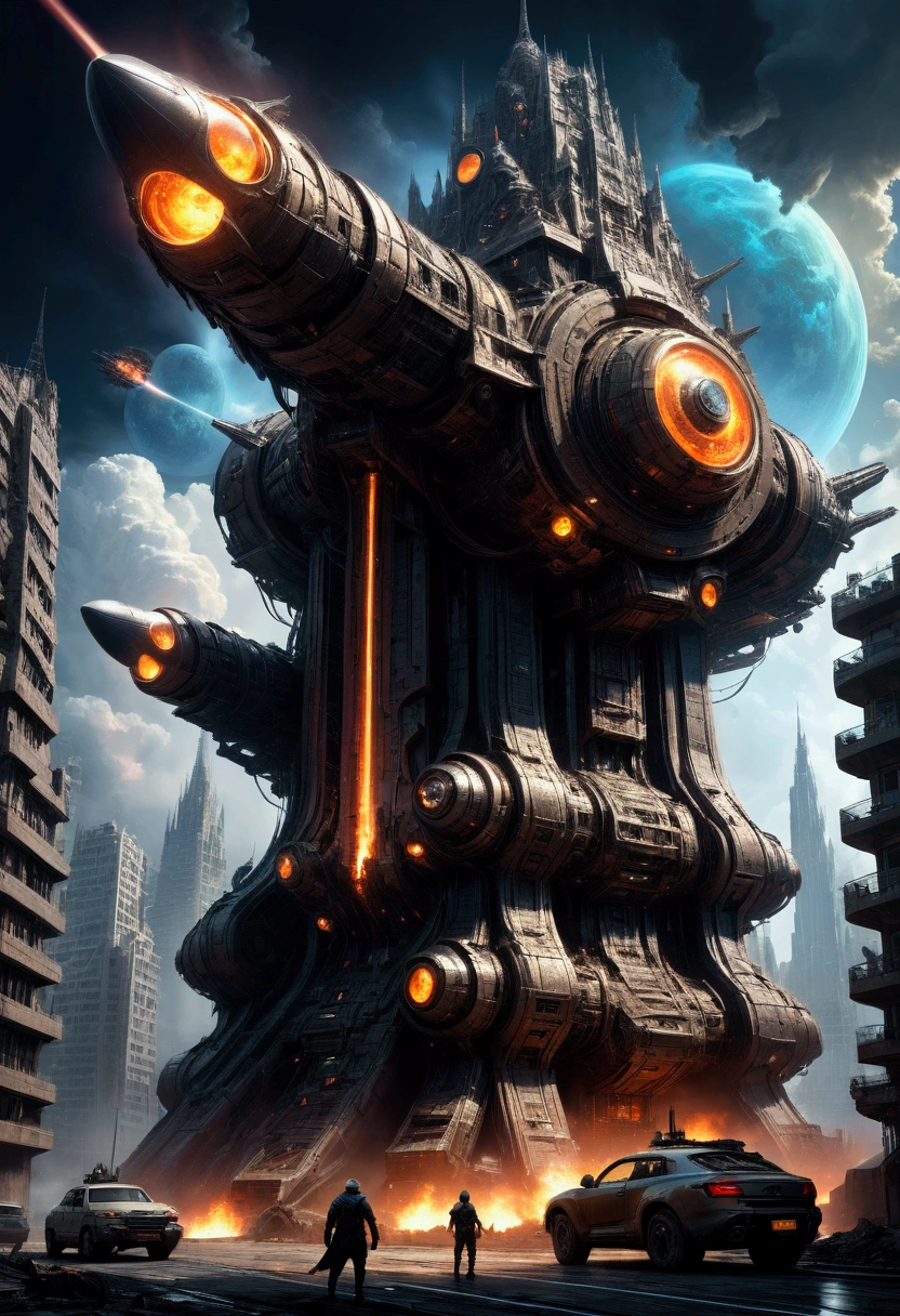 Giant Weapon, The sinister looking giant weapon fires and destroys the whole city; spectacular nontrivial intricate complex thoughtful spooky scary menacing doomy heroic sci-fi cosmic concept art by Marat Zakirov, Gordei Krasnov, Carsten Stueben, Juan Camilo Vallejo, John Picacio, James Suret & Niyas CK, masterpiece, best quality, very aesthetic, absurdres