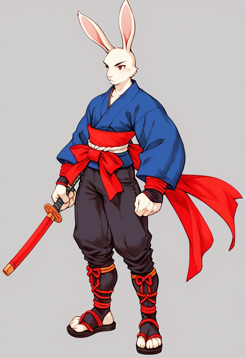 a anthropomorphic furry white rabbit buff,muscular man wearing a ninja suit ,miyamoto usagi,usagi yojimbo,thick,bunny,blue kimono,black pants,90’s style. He’sandrogynous,equipped with some weapons and a sensual , cool expression,full body.The scene has a cool,sweet,sexual,samurai style and a vibrant tone.Feodal setting in the background
