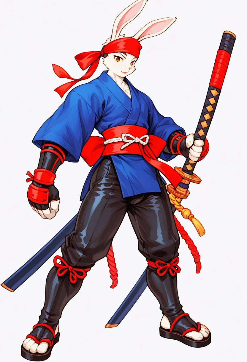 a anthropomorphic furry white rabbit buff,muscular man wearing a ninja suit ,miyamoto usagi,usagi yojimbo,thick,bunny,blue kimono,black pants,90’s style. He’sandrogynous,equipped with some weapons and a sensual , cool expression,full body.The scene has a cool,sweet,sexual,samurai style and a vibrant tone.Feodal setting in the background
