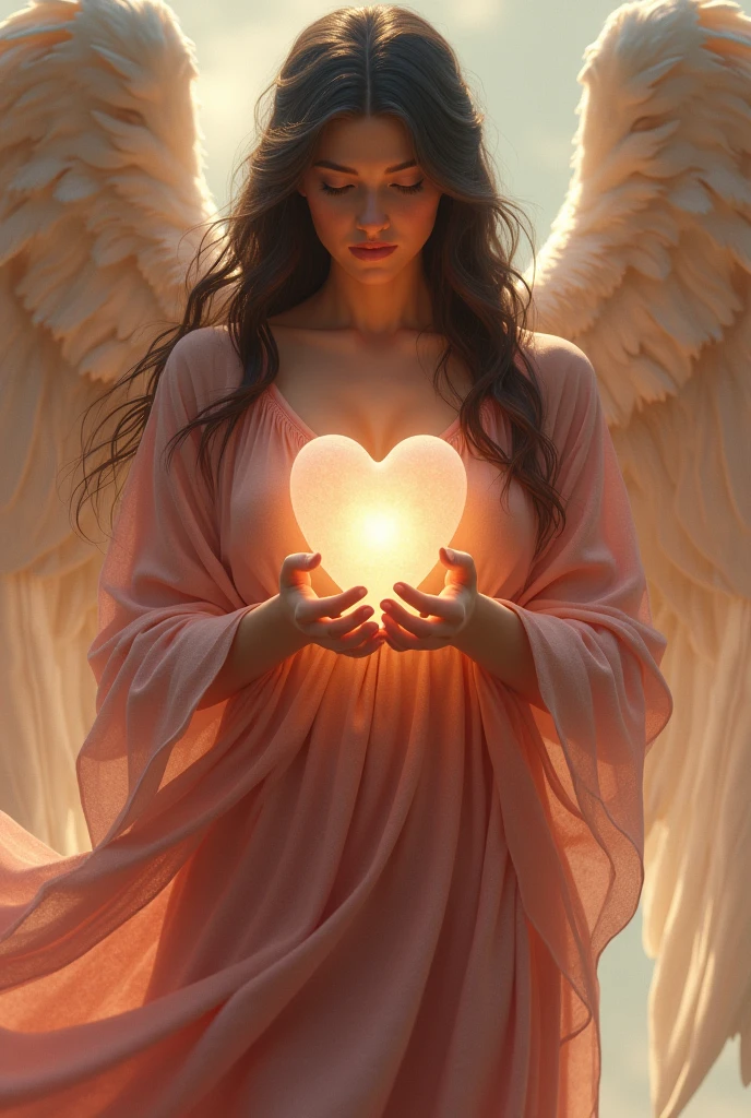 Angel character with rose robes, dark hair and fair skin holding a heart 