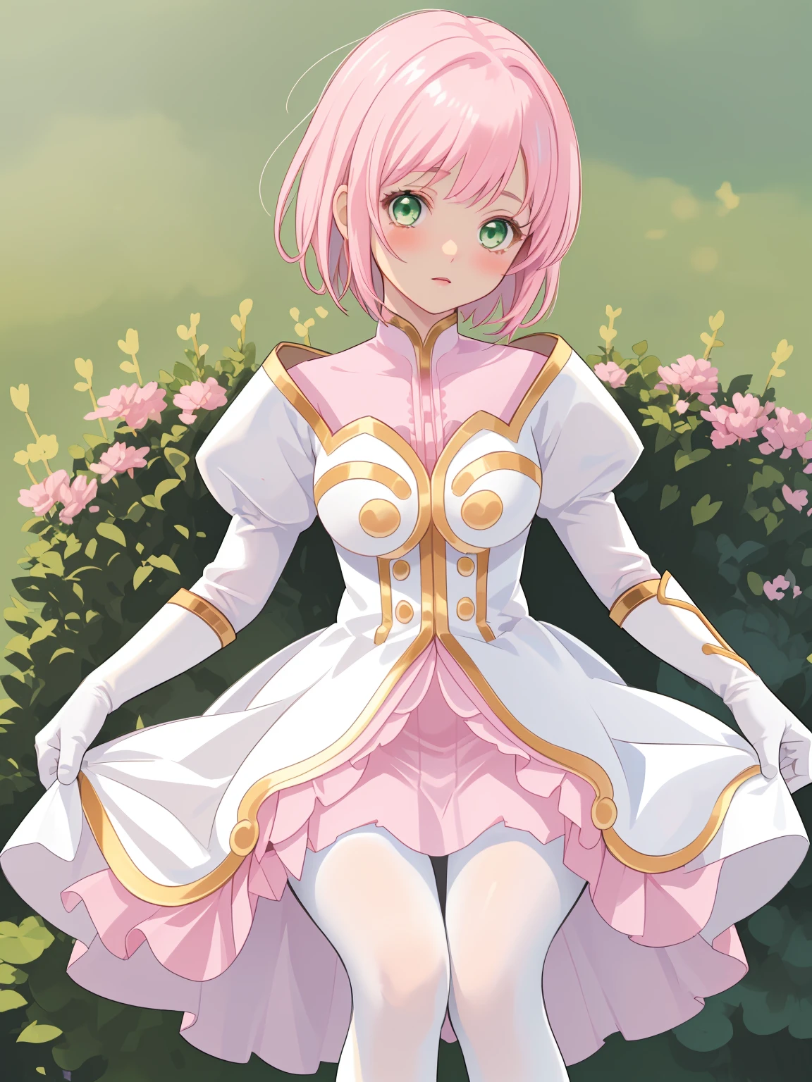 masterpiece, Highest quality, alone, One Girl,Estellise Sidos Heurassein, Pink Hair, short hair, Green Eyes, Small breasts, White and pink dress, Glamorous Dress, Pink collar, Pink Skirt, White boots, White gloves, (Black Pantyhose, Black legwear:1.1)whole body, Little:5, cute, (Beautifully detailed face), (Beautiful attention to detail), (Beautiful detailed hair), mini skirt, (skirt lifted by self:1.2), white panties, pov