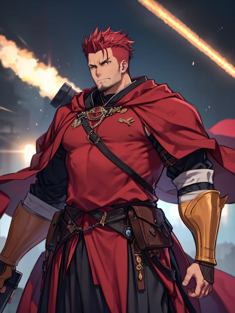 A tall, large man、Strong body、Warrior、Dark Skin、Red Hair、V-shaped eyebrows、Golden Eyes、Topless、Massive、Carrying a weapon、Glare、Wearing a red cloak、Mohawk Hair、Muscular、Big man、Big fangs、