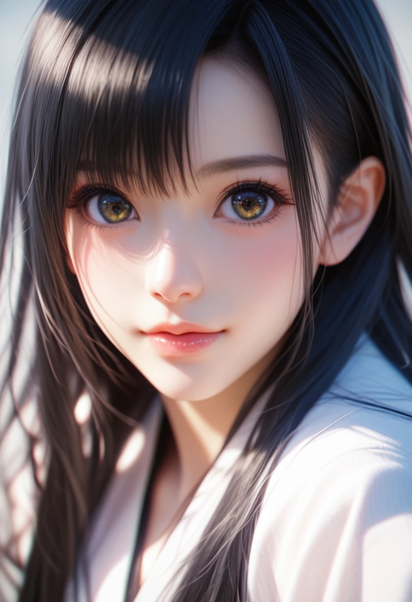 Close-up details, realistic style photo Japanese young woman, black hair, long hair, outstanding style, tall, cute, in her teens. Use soft lighting to cast gentle shadows on the subject, adding a touch of dimension to your images without compromising details, score_9, score_8_up, score_7_up, (Enako:0.4), (Fukatsu Eri:0.4)