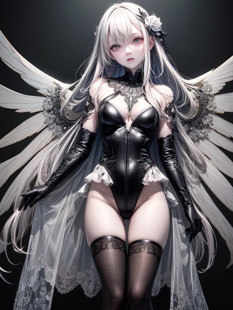 (masterpiece:1.2), (best quality:1.2), newest, intricate details, ai-generated, perfect anatomy, black and white theme, beautiful android girl, detailed mechanical parts visiblem,embossing decoration on body, flower design silver trim on mechanical parts, wearing lace leotard and (tutu:1.2), shiny room with smooth surfaces, long hair, mechanical wings, mechanical body,AddXL, goddess