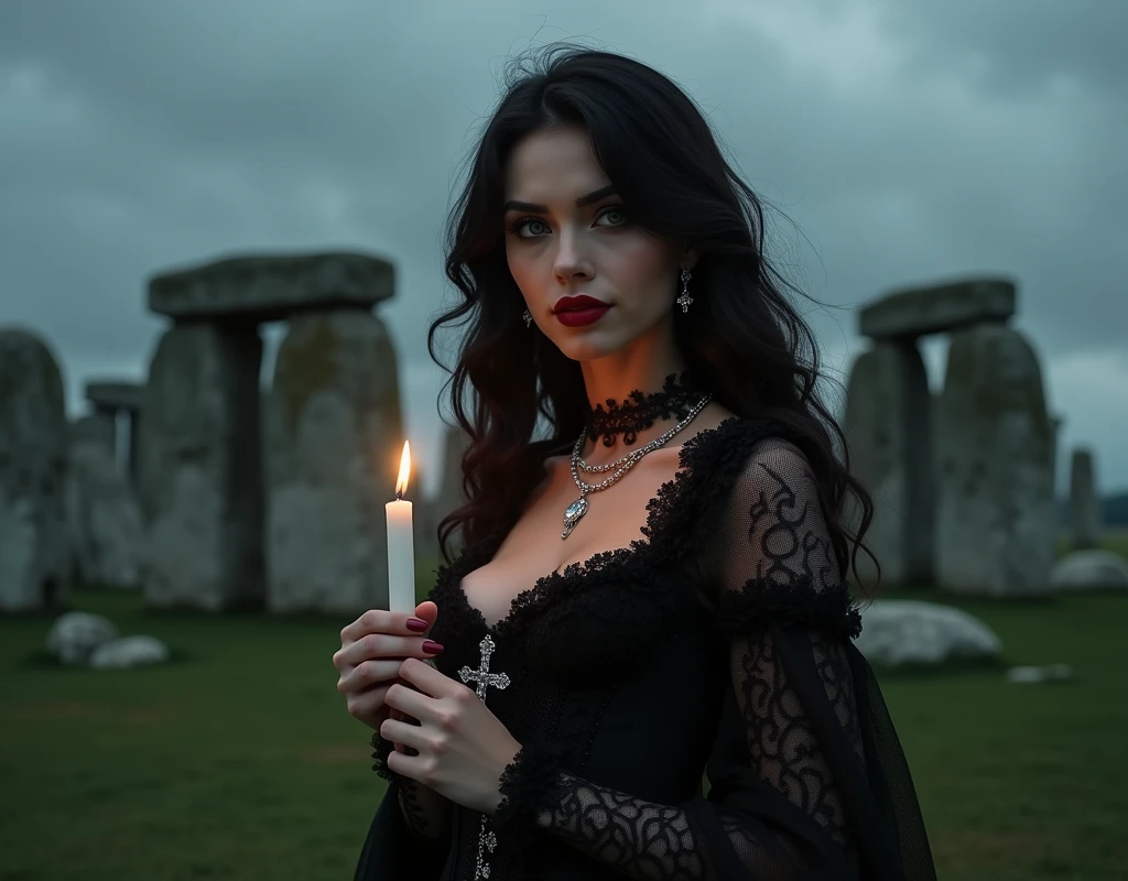 Waist length portrait, Sharp images, clear photo, hyper-detailed, photorealistic texture shot, 8K HD, 20 years old woman, she has very black wavy hair, she wears a long black gothic style dress with lace and embroidery with beautiful fine details and an elegant black corset with silver details, plus a silver chain necklace with a ruby, interesting and complicated construction, she has cross-shaped earrings, face without makeup (Detailed and realistic skin), lips marked with red lipstick, flirtatious look, white tees, big light green eyes, soft and bold black eye shadows, huge eyelashes, beautiful dark green eyes, she is smiling slightly in a mysterious way, beautiful teeth, hyperrealism, very elaborate skin, very detailed, realistic photo, 32k, hdr background, details,she holds with both hands a lighted candle on a candlestick (realistic silver candlestick), she is looking intently at the candlestick, she is in front of stonehenge, gray day, with dark clouds