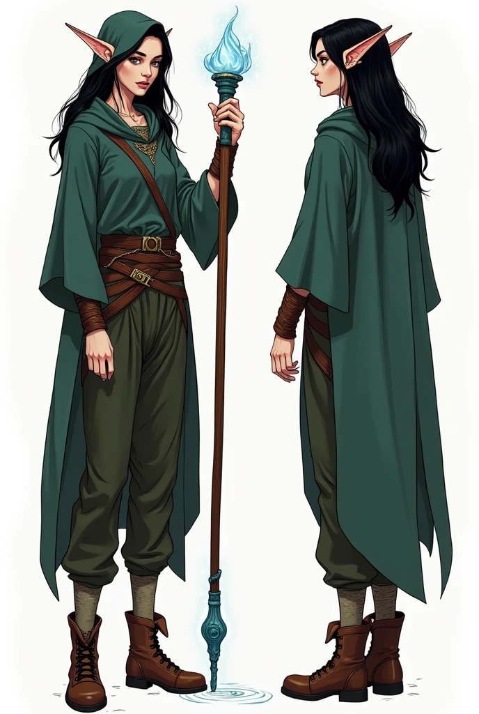 (character sheet),solo, highlighted black hair, baggy pants ,line art , dark green robe, hoodie,3 different angles, highly detailed body parts, elf ears, magic water staff ,brown boots, tall thin female warrior, muscular 