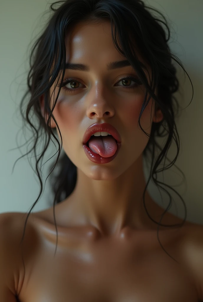 Naked woman with wet body and open mouth with tongue sticking out making a horny face