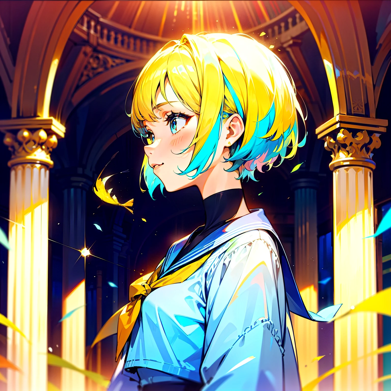 Masterpiece、colorful、15-year-old female、Captivating woman、smile、Short Hair、look up、profile、Upper Body、front、Sailor suit、Breathtakingly beautiful、Medium Bust、Pillars of light shine in the background.、Fisheye Lens