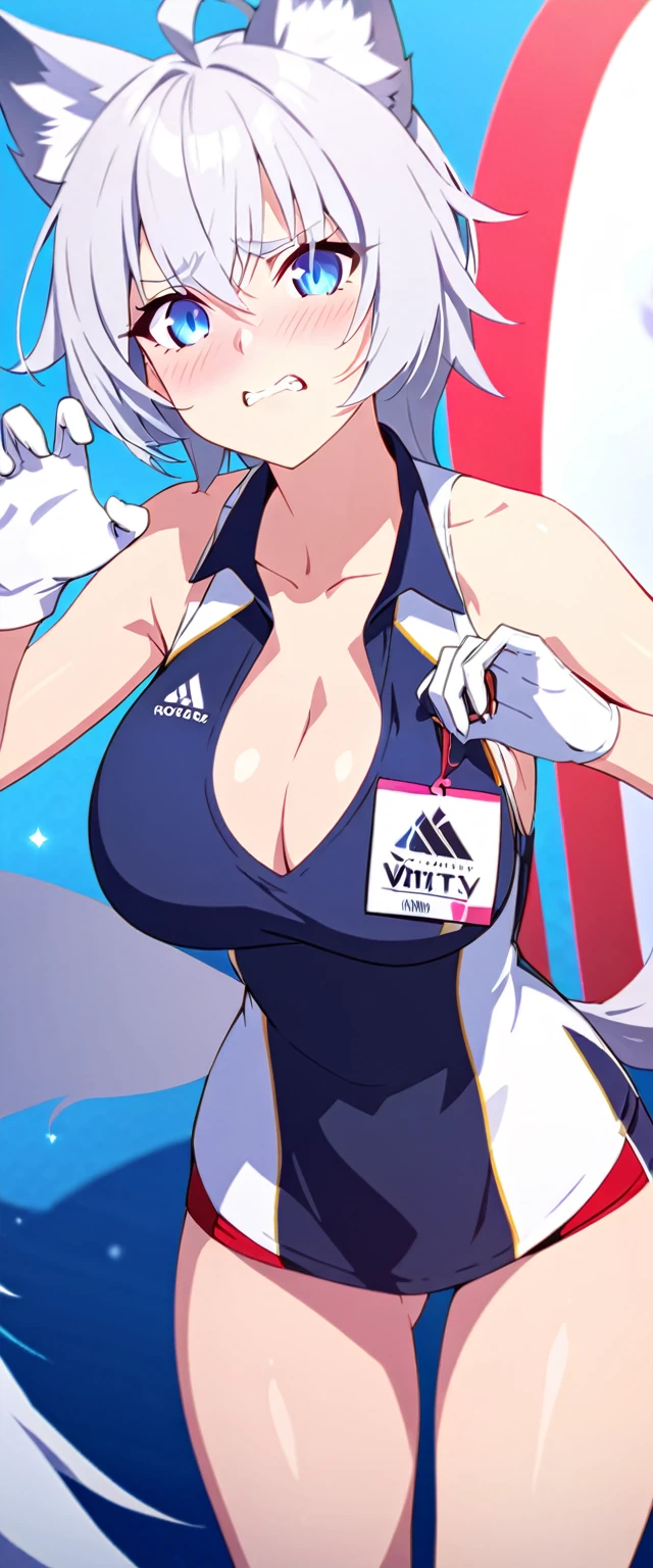 Highest quality,masterpiece,unity 8k wallpaper,Very detailed,Detailed light, Best Shadow,Very detailedな肌,Beautiful attention to detail,Very detailedな顔,Detailed reflective eyes,Shiny Hair,Shining Eyes,(1 girl:1.2),woman,Gloss,thin,White gloves,Silver Hair,(Wolf Cut Hair:1.2),Blue eyes,clavicle,Cleavage,Big Breasts,Charm,Animal ears,White Tail,Ahoge,Silver Hair,(White eyelashes:1.2),White eyebrows,blush,embarrassed,Track and field uniforms,(whole body:1.2),claw pose,(Intimidation:1.2),