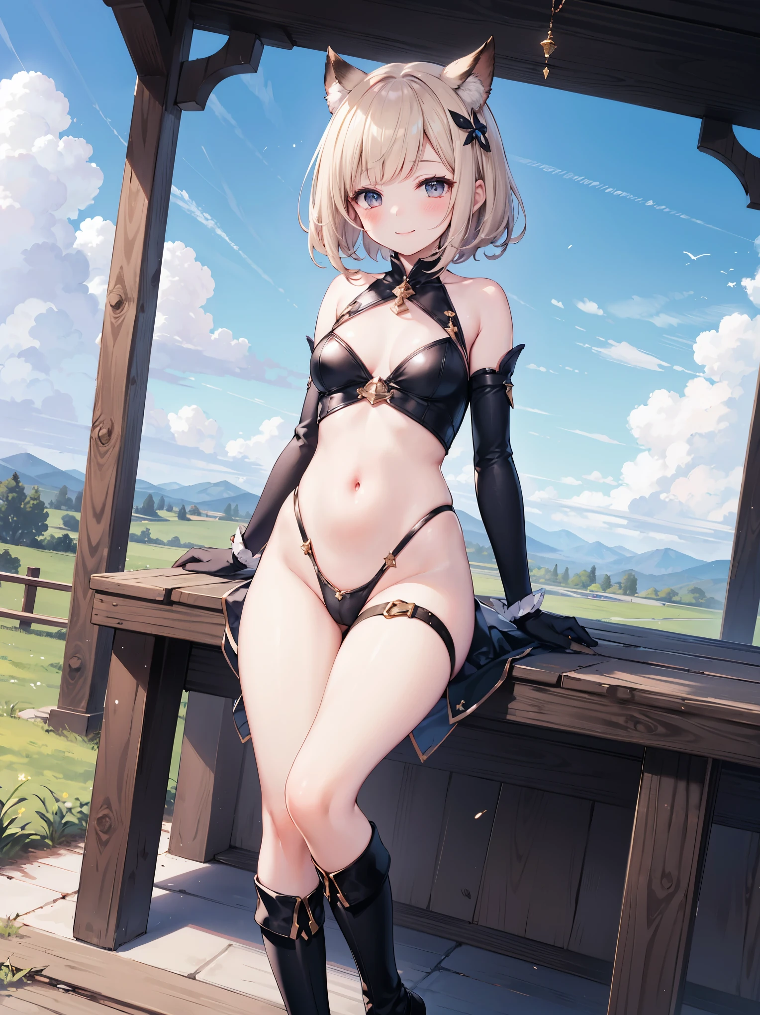 GRANBLUEfantasy,ung_teen_ girl,brown_hair,medium_bob_hair,platina_blond_hair,white_leotard,covered_crotch,thigh-highs,smile,standing,bluesky_landscape_background,slightly_spread_legs,happiness, short_gloves ,solo, navel,relicbuster,short,boots, blank_face,sitting,knees,blush,shy,piledriver,(crotch:1.3)