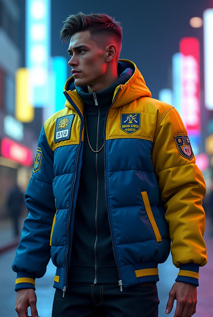 Make a jacket in GTA 5 with the Swedish national team theme, with a Nordic theme and blue and yellow details.