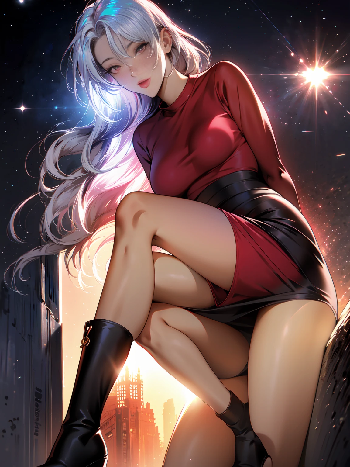 Girl with long white hair down to her waist, with small red details, red eyes, long black dress with a leg slit, with red details, long black boots up to below the knees, white skin, the ground around her is cracking and small stones are floating around her surrounded by a black aura, she is surrounded by shadows, and the background is dark like the night with the universe and stars, her presence causes fear, her shadow appears to be a monster, 8k, high quality, full body, (ultra-realistic), {extremely detailed 8k CG unit wallpaper}, expansive landscape photograph, (light: 2.0), (warm light source: 1.5), complex details, (iridescent colors: 1.5), (bright lighting), (atmospheric lighting), surreal, impressive, fantasy, (Solo: 1.2), White moon
