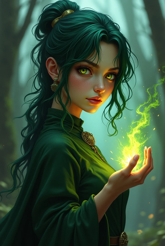 Female fantasy character
Sorcerer and druid
Dark green hair, yellow eyes, freckles, short and morbid