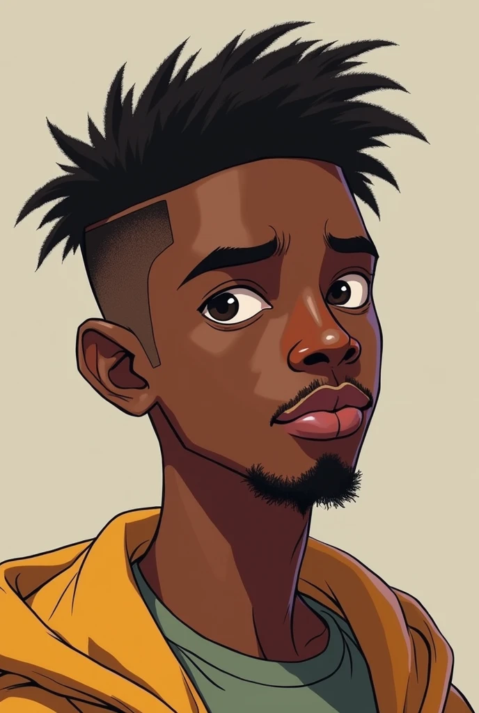 a dark skin male african teen animation with a van dyke goatte beard and a faded buzz cut