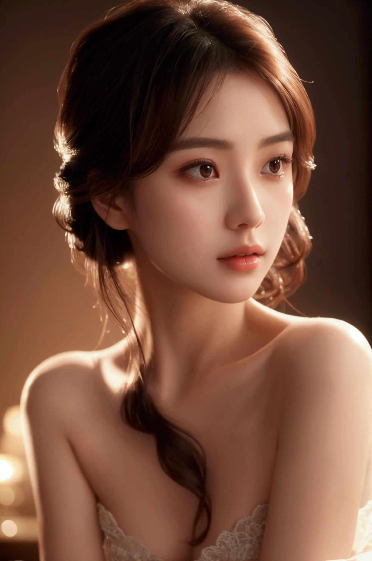 a beautiful girl in a romantic and intimate moment, detailed face, long eyelashes, perfect skin, elegant dress, detailed background, cinematic lighting, photorealistic, highly detailed, dramatic romantic lighting, dramatic romantic atmosphere, intimate sensual pose, delicate feminine features, realistic skin pores and details, volumetric lighting, depth of field, hyper detailed, masterpiece, 4k, photorealistic, natural skin tones, dramatic romantic lighting, intimate sensual pose, gorgeous detailed dress, lush romantic background, cinematic lighting, photographic, extremely detailed, best quality