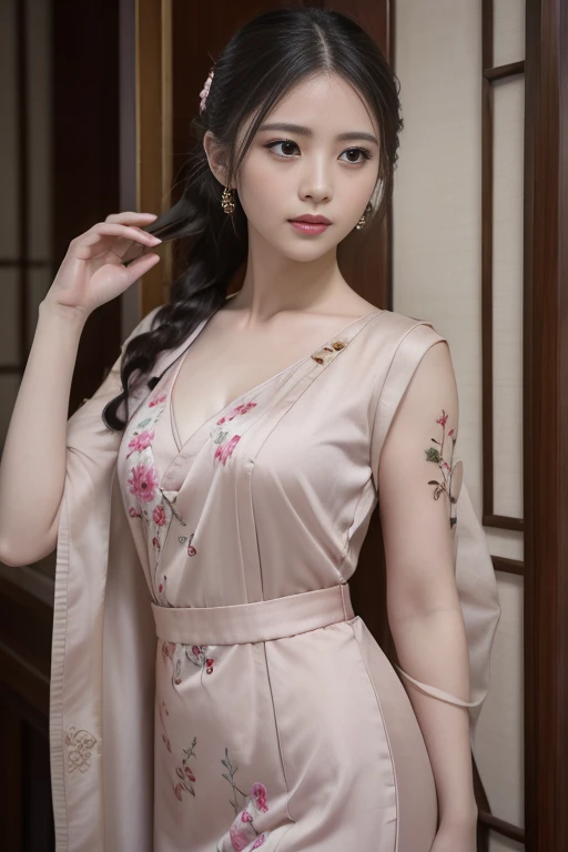 (Highest quality,4K,8k,High resolution,masterpiece:1.2),Very detailed,(Realistic,Realistic,Photorealistic:1.37),A delicate depiction of floral motifs on a traditional Chinese gauze dress, Dynamically Understanding the Elements of Tai Chi, Flowing fabric, Bright colors, Pastel Tones, Soft and dreamy lighting, Focus on fine craftsmanship, Dynamic Movement, Detailed depiction of intricate floral embroidery, Elegant and refined gestures, Porcelain-like skin, Small breasts, long pink twintails, Soft blue eyes, Delicate and perfect makeup, Surreal wallpapers