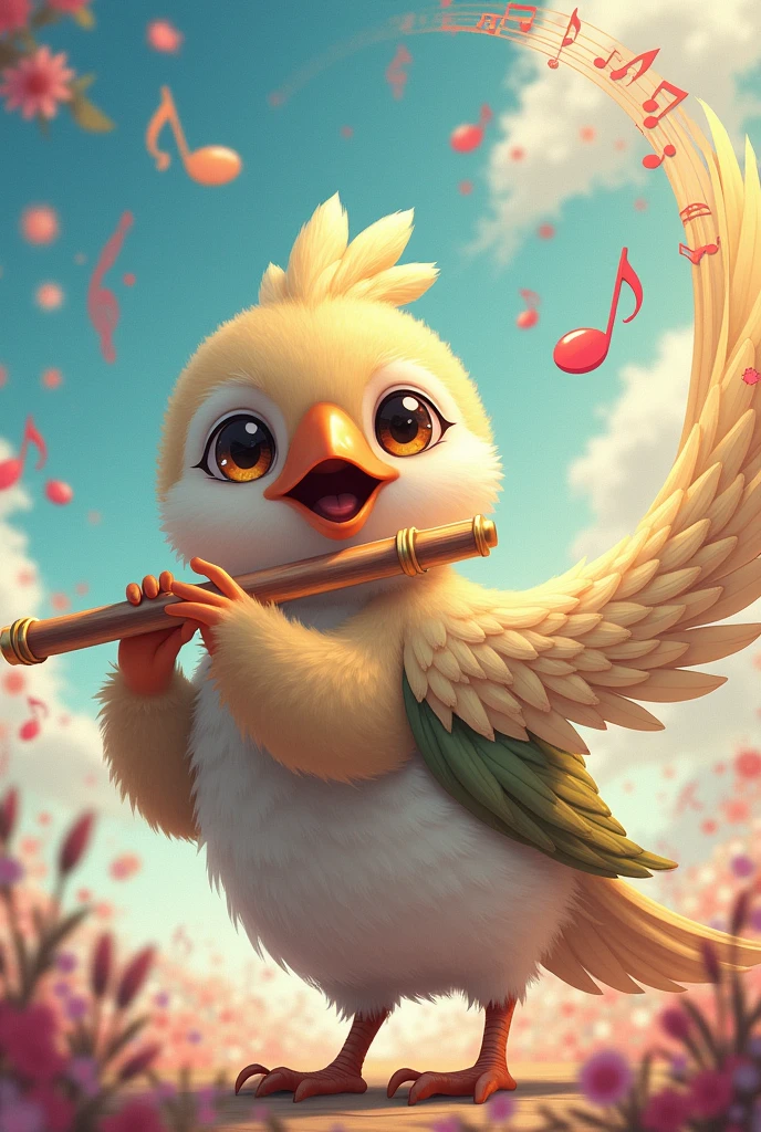 A bird that looks like an anime character playing the flute,The background is a musical staff,Notes are flying,