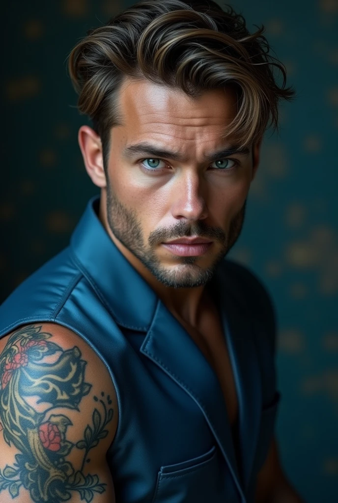 Create a guy in his 30s with Russian and Italian features, That his eyes be blue, medium light brown hair, height of 1.muscular man with tattoos on his left arm that reach his fingers , A piercing on his lower lip on the right side. Let him be dressed in elegant clothes, in blue color 
