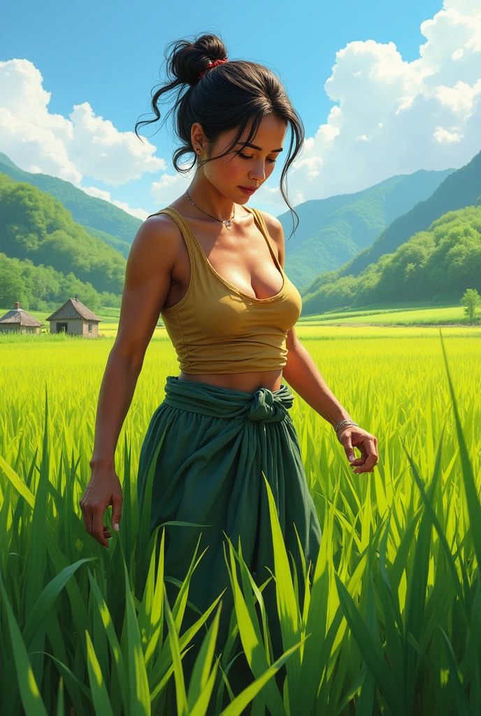Woman working in paddy field, shirtless