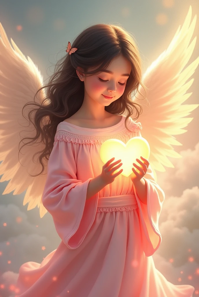 Cute drawing of an angel with pink robes, dark hair and light skin holding a heart 