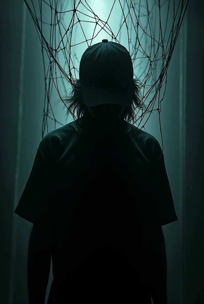 The shadow of a person wearing a cap caught in a net