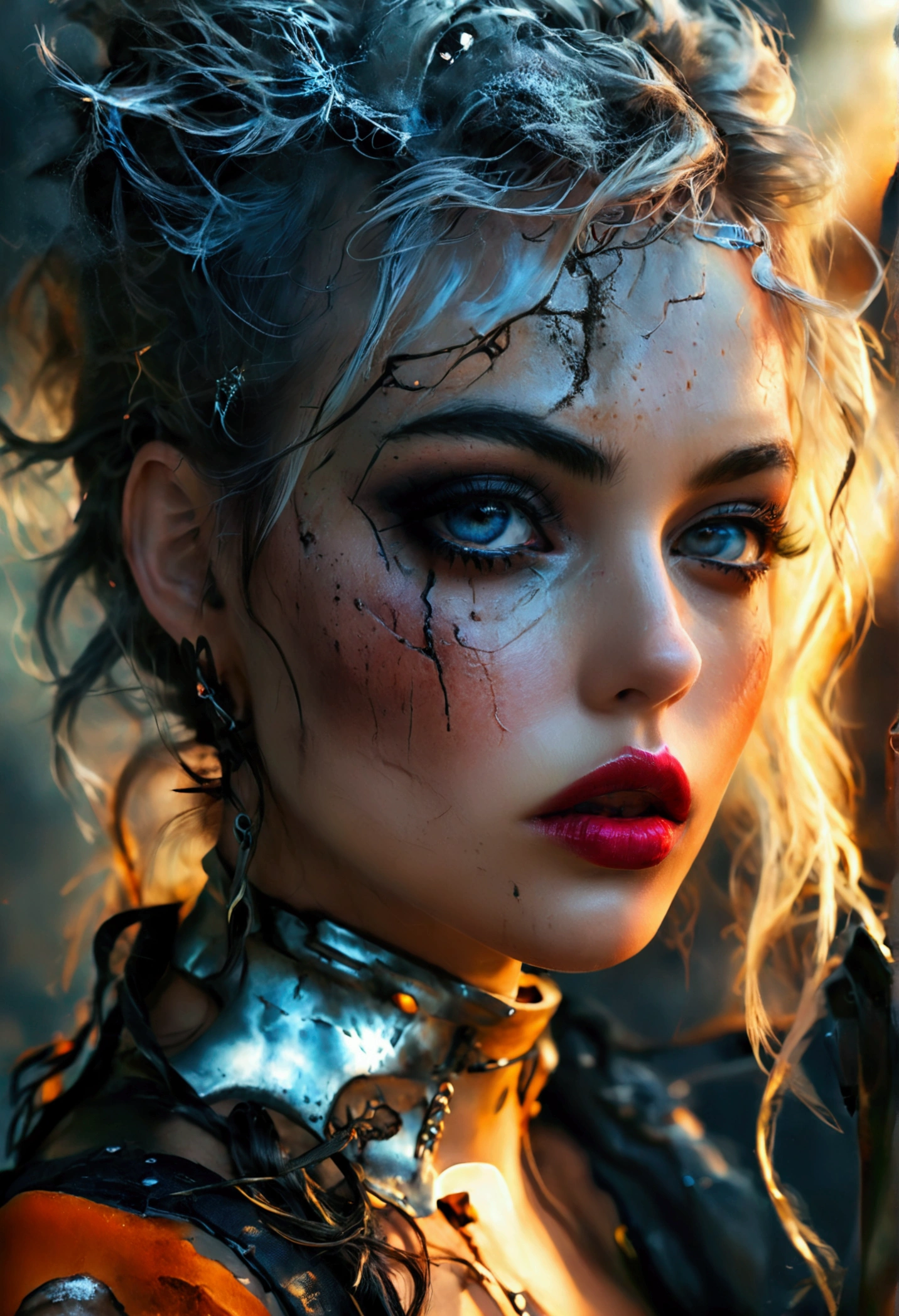 Create an image of a stunningly beautifully gorgeous perfect young sexy post apocalyptic girl, Stunningly gorgeous beautiful sexy perfect face,detailed vibrant eyes, long luscious eyelashes,black eyeliner, black eye shadow, curved eyebrows, lipstick, thick long messy dutch hair, metallic apocalypse outfits, gigantic breast,
sexy slim waist, curved hips, knee high boots, stockings, post apocalyptic background, full body view,