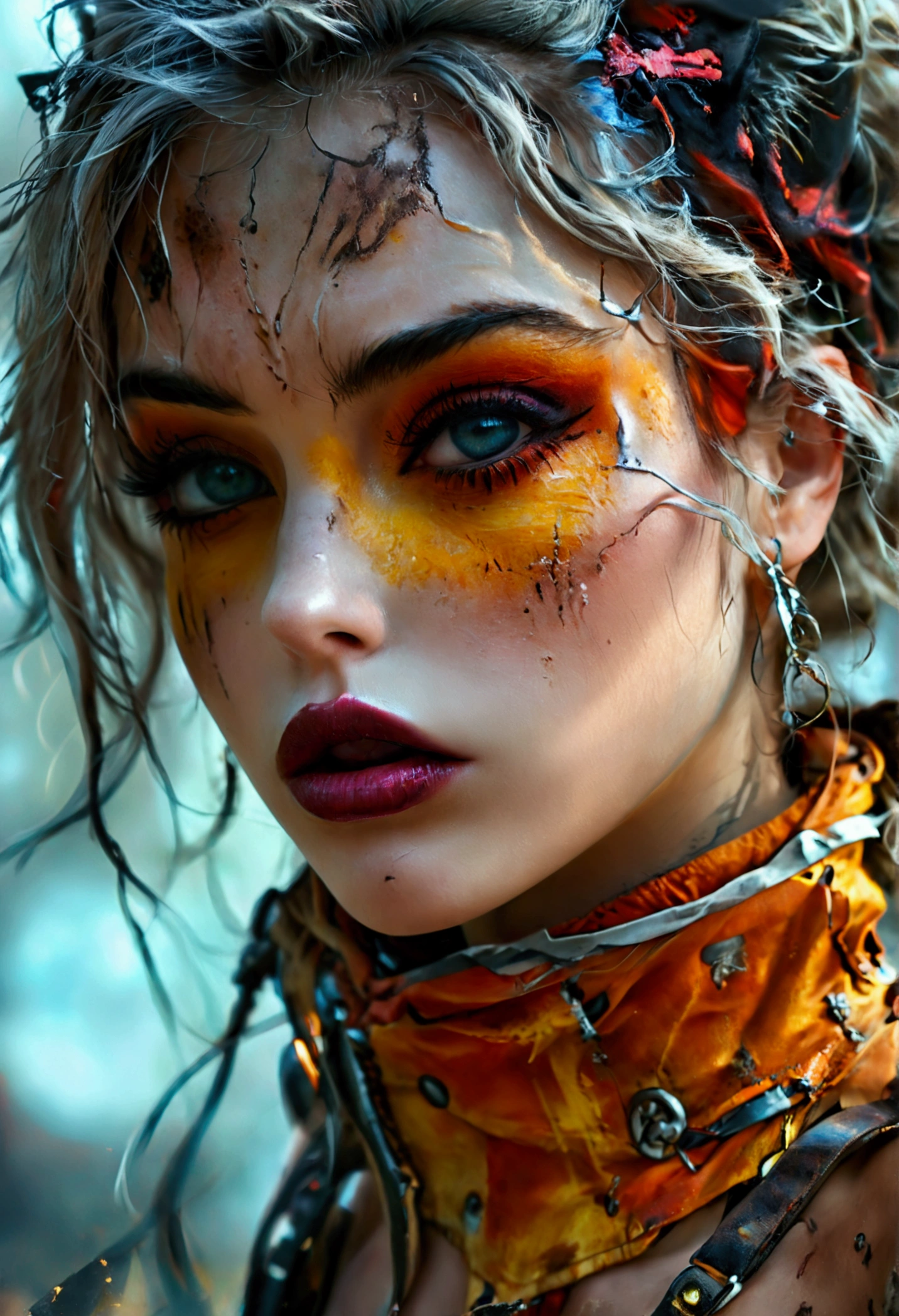 Create an image of a stunningly beautifully gorgeous perfect young sexy post apocalyptic girl, Stunningly gorgeous beautiful sexy perfect face,detailed vibrant eyes, long luscious eyelashes,black eyeliner, black eye shadow, curved eyebrows, lipstick, thick long messy dutch hair, metallic apocalypse outfits, gigantic breast,
sexy slim waist, curved hips, knee high boots, stockings, post apocalyptic background, full body view,