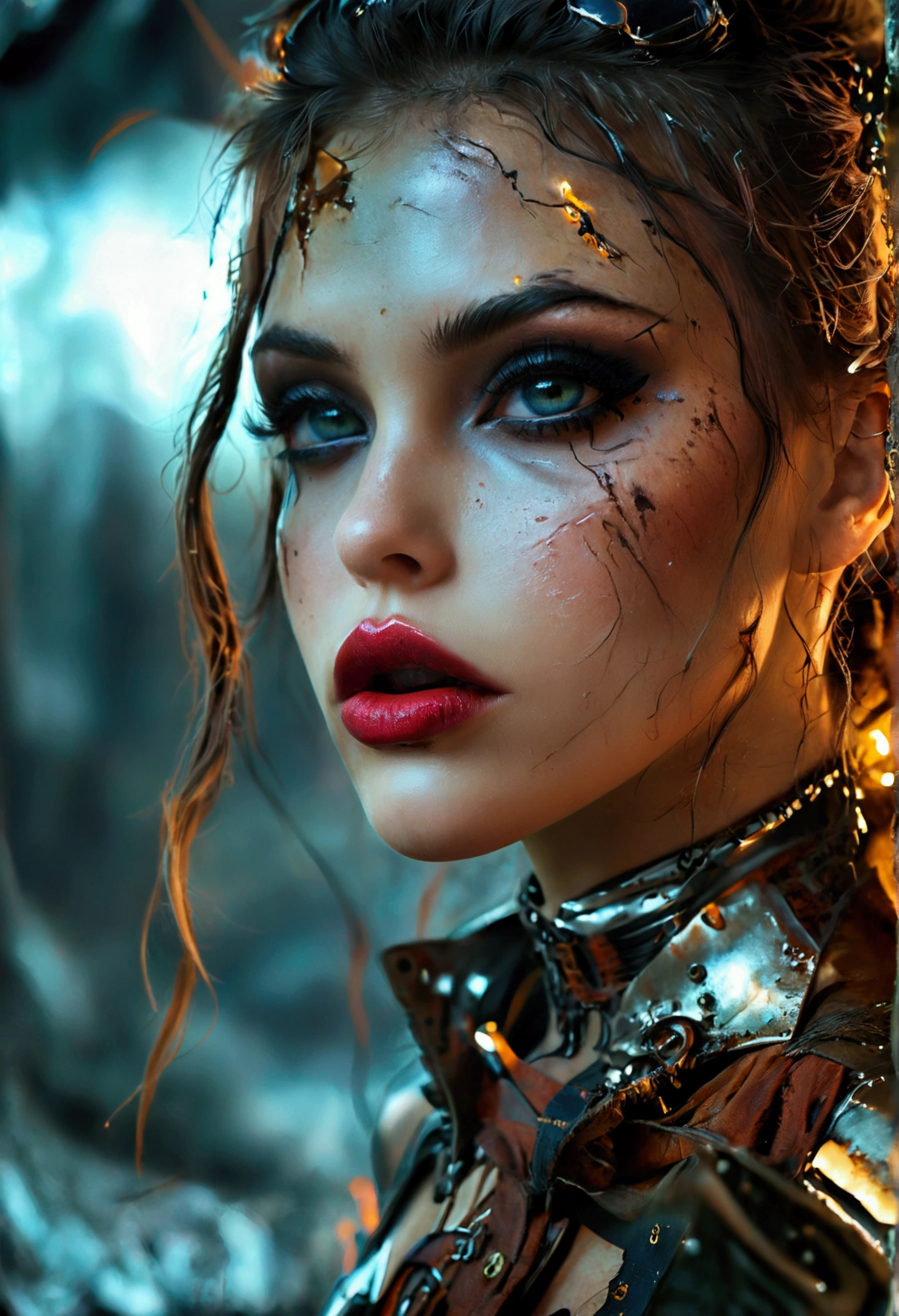 Create an image of a stunningly beautifully gorgeous perfect young sexy post apocalyptic girl, Stunningly gorgeous beautiful sexy perfect face,detailed vibrant eyes, long luscious eyelashes,black eyeliner, black eye shadow, curved eyebrows, lipstick, thick long messy dutch hair, metallic apocalypse outfits, gigantic breast,
sexy slim waist, curved hips, knee high boots, stockings, post apocalyptic background, full body view,
