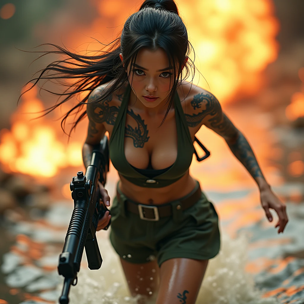 Foto realistic:1.55 masterpieces,Best Quality,a beautiful young girl, 4k, ultra detailed, Japanese dragon color tattoos, in it, with an expressive and beautiful face, long eyelashes, wearing a tight military top with giant breasts and a military miniskirt, wearing fancy black long boots, full body facing forward and running on foot through a river ,explosions in the water, movie lights, pose sexy, sweaty face and mud-caked,moist and shiny skin,young,aiming a super detailed submachine gun, creating a 3d effect