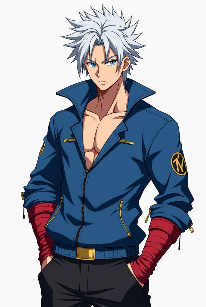 He is an athletic male anime character wearing a long-sleeved blue jacket made of a similar fabric to a collar. It has gold details on the zipper, slightly open arms, red bands that cover the entire forearm leaving only the fingers invisible, black pants, a gold belt, spiky white hair with two strands as bangs.