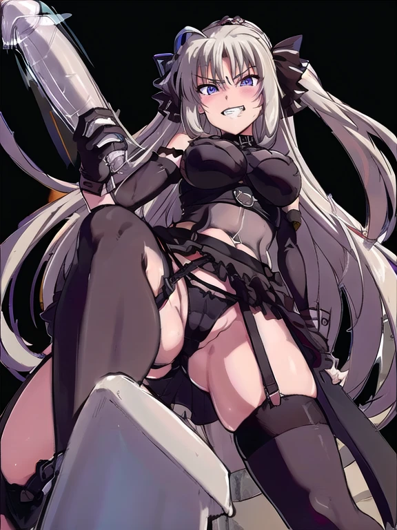 best quality, high resolution, prison, concrete wall, concrete floor, white hair, ((((black strap on dildo)))), femdom, dominatrix, looking at viewer, furrowed brow, foreshortening, 独奏, ((((looking down)))), nsfw:1.5, ((((from below)))), ((bare shoulders)), ((black bustier)), ((black stockings)), ((black g-string)), ((black high heels)), ((black garter belt)), ((black elbow gloves)), evil grin,
One person, Long Hair, Purple eyes, chest, Ahoge, very Long Hair, large breasts, ribbon, hair ribbon, ponytail, bangs,