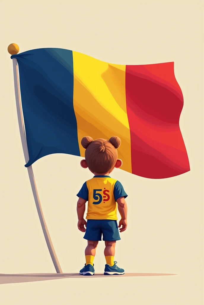 I would like to create an image of the Romanian flag symbolizing cleanliness with the official mascot of the Romanian national team wearing the jersey with the number and the letter 5S printed on the back of the shirt in a caricature style.