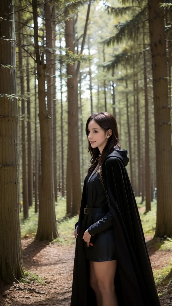 1woman in Black Cape standing in a forest with trees, solo,Classic witch robes, Black Traveling Cloak, wearing black clothes and cape, Wearing a long black cape, wearing a flowing cloak, wearing in Black Cape, a long flowing cape and hood, Woman in black robe, Black Cape, wearing a Black Cape, Dark flowing robes, Wearing a black robe, with cape
