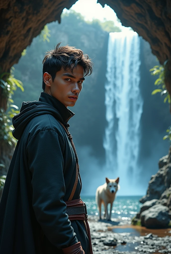 A young handsome in cave and waterfall in parallel universe with wolf in background