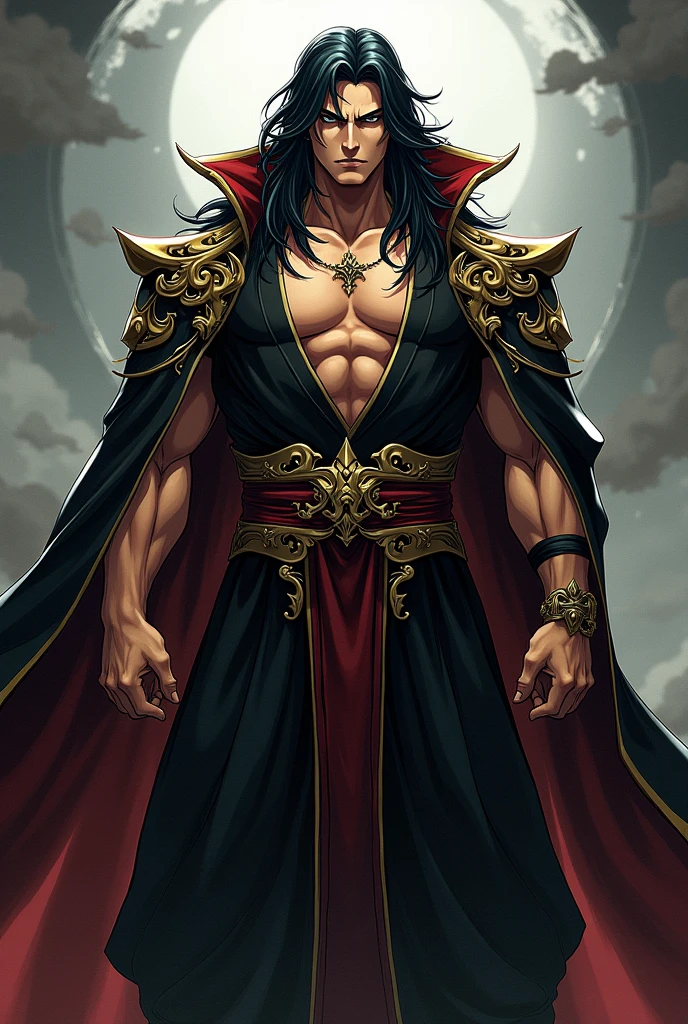 shiny black hair, a big fierce nobleman, built like a 2D anime