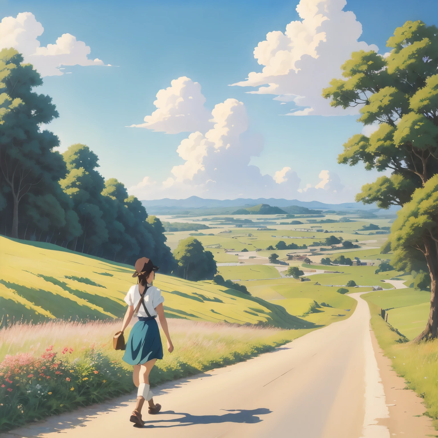 Realistic, Real, Beautiful Girl Walking on the Road,,Beautiful and Amazing Landscape Oil Painting Studio Ghibli Hayao Miyazaki Petals Grassland Blue Sky Grassland Country Road and bulding