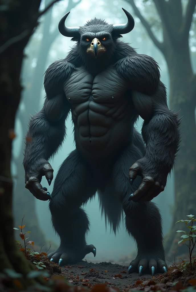 a fierce minotaur with the body of a gorilla and the face of a falcon, muscular and powerful, standing in a dark, mystical forest, (best quality,4k,8k,highres,masterpiece:1.2),ultra-detailed,(realistic,photorealistic,photo-realistic:1.37),hdr,studio lighting,extremely detailed face and anatomy,intricate details,dramatic lighting,moody atmosphere,dynamic pose,gritty realism,dark fantasy,cinematic composition
