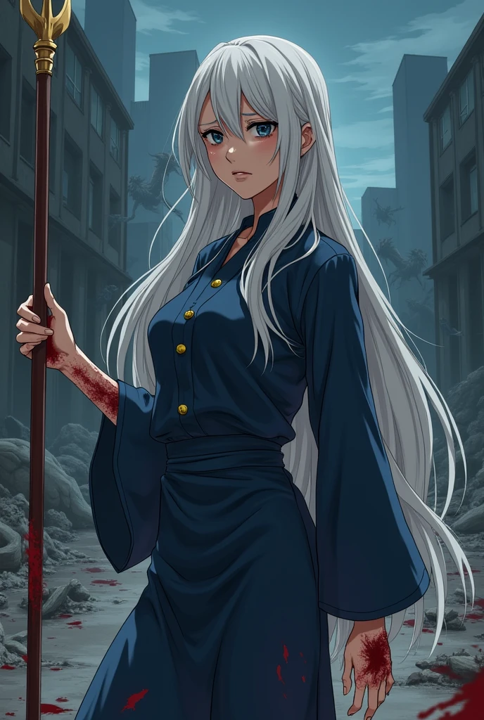 (anime, jujutsu kaisen:1.2), adult woman, wearing loose deep navy shirt, deep navy shirt with golden button, a deep navy fitted skirt, platinum hair, tanned skin, extremely long hair, black eyes, relaxed pose, holding a spear, image shot from her side, detailed face, blood splattered across her clothes, crying blood, monsters in background, broken city in background, cold colors, night sky.