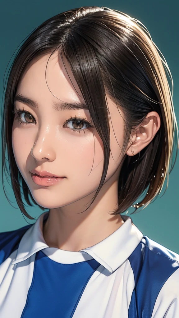(masterpiece,Highest quality,Ultra-high resolution),Japanese women, (((so beautiful))), cute、Look at the photographer、Front view, ((short hair)), とってもcute顔, Glossy Lips, Double eyelids on both eyes,Natural smile、 Natural Makeup, Long eyelashes, Shiny and smooth hair、Center image, Perfect limbs, Perfect Anatomy,(((Soccer uniforms)))、((())),(((Wet with sweat))),Her bra is visible from the side of her uniform,